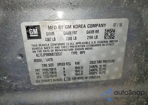 2019 Chevrolet Trax 1Lt z USA, uszkodzony, nr VIN KL7CJPSB0KB732537